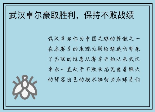 武汉卓尔豪取胜利，保持不败战绩