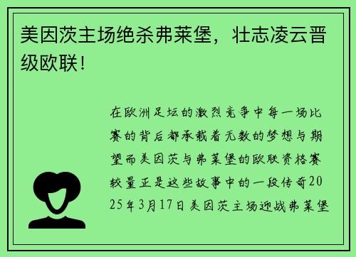 美因茨主场绝杀弗莱堡，壮志凌云晋级欧联！